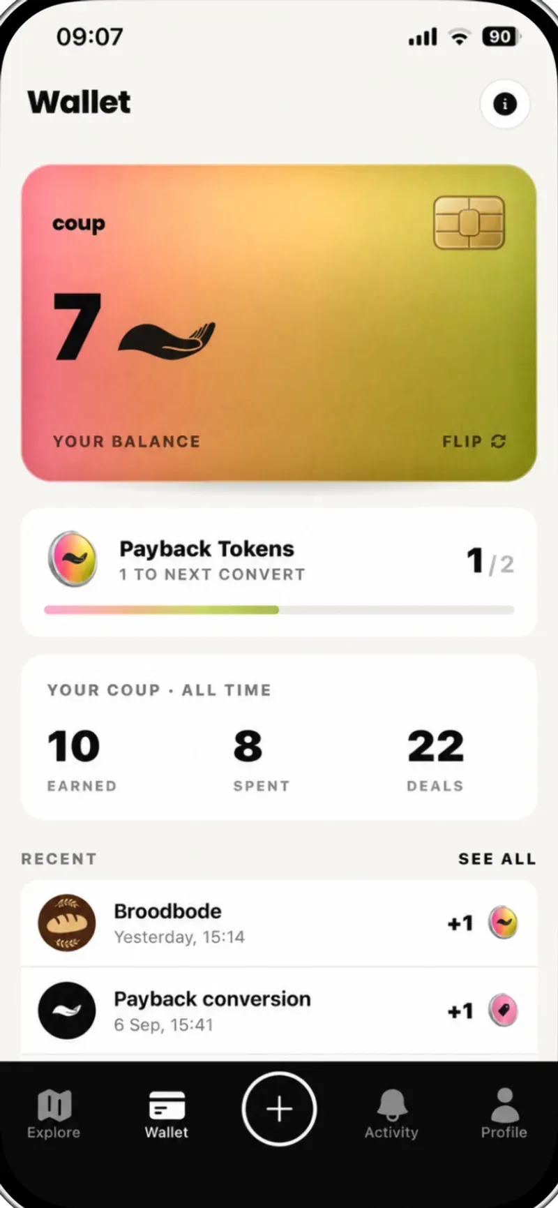 Wallet screen showing the balance in tokens
